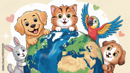 Friendly animals from around the world gather on a globe with a parrot dog cat rabbit and puppy conveying friendship and unity