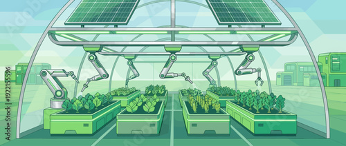 Futuristic Autonomous Greenhouse with Robotic Arms Tending to Plants, Smart Farming Technology with Solar Panels and Automated Irrigation System in a Sustainable Agriculture Vector Illustration