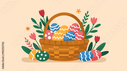 Colorful easter eggs in wicker basket with tulips and spring flowers illustration