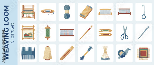 Comprehensive Vector Icon Set of 20 Weaving and Loom Craft Supplies, Featuring Looms, Shuttles, Yarn, Needles, Scissors, and Textile Tools in Flat Design with Smooth Gradients for Creative Projects
