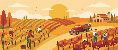 Autumn vineyard harvest flat vector illustration featuring farm workers picking purple grapes, a vintage truck loaded with crates, rolling hills, and a rustic winery under a warm golden sun.