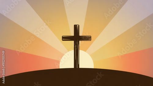 Silhouette of a cross on a hill at sunrise with vibrant rays of light