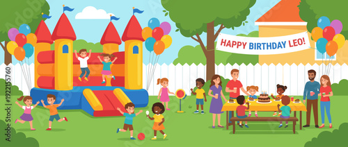 Vibrant flat vector illustration of a kids' backyard birthday party with a colorful bouncy castle, festive balloons, a birthday cake, and diverse families celebrating together outdoors.
