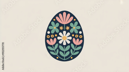 Colorful easter egg with floral pattern on beige background spring decoration