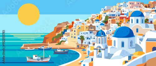 Flat vector illustration of a picturesque Mediterranean seaside village in Santorini, Greece, featuring iconic white houses with blue-domed roofs, a bright yellow sun, and boats on the blue sea.