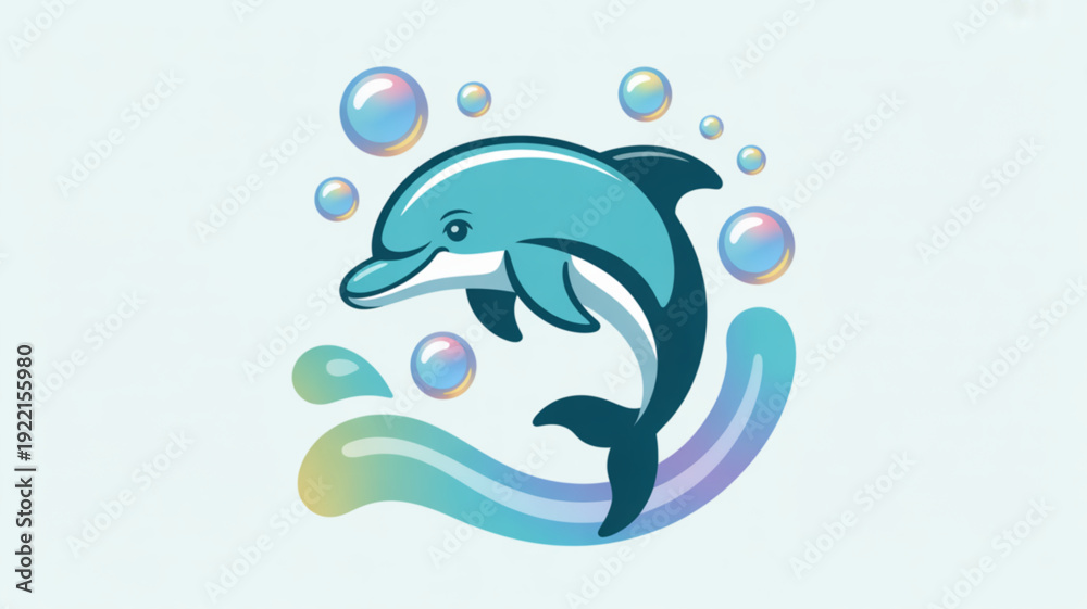 Fototapeta premium Vibrant cartoon dolphin jumping playfully with bubbles in ocean wave