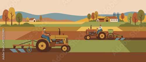 Flat vector illustration of farmers driving vintage tractors to plow and seed agricultural fields in a scenic rural landscape with rolling hills, farmhouses, silos, and colorful autumn trees.