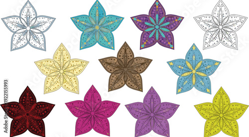 Decorative Floral Star Ornament Set with Colorful Mandala Flower Shapes Ethnic Pattern Vector Illustration Collection