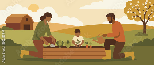 Flat Vector Illustration of a Family Planting Organic Vegetables in a Raised Garden Bed During Springtime, Sustainable Lifestyle Concept with Parents and Child Gardening on a Rural Farm