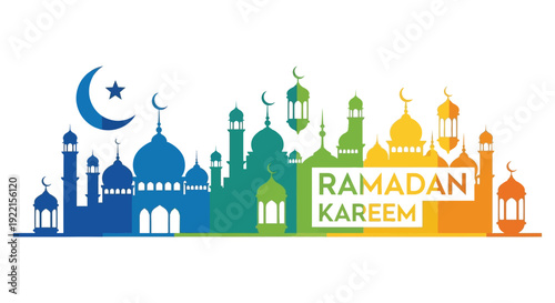 A colorful illustration showcases a ramadan kareem greeting with islamic architecture and crescent moons high quality professional detailed