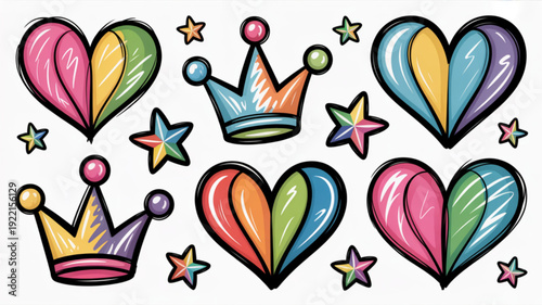 Colorful heart and crown illustrations with stars on white background for decoration