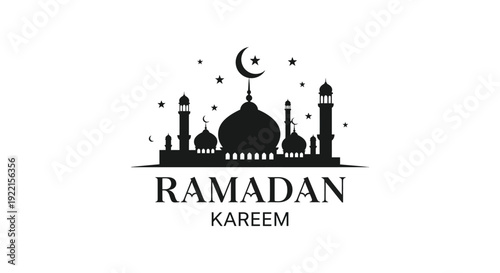 A stylized black silhouette depicts a mosque and crescent moon with the word ramadan kareem below high quality