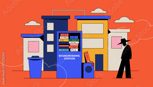 Vibrant bookcrossing station in modern urban setting with passerby