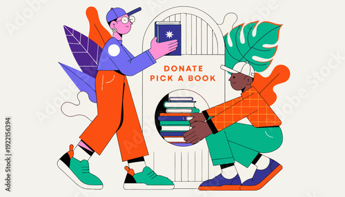 Diverse friends exchanging books in a vibrant community setting