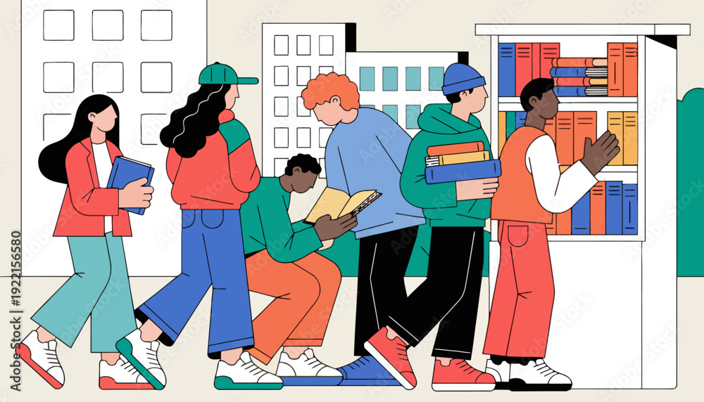 Naklejka premium Diverse group of young adults browsing and reading books in library