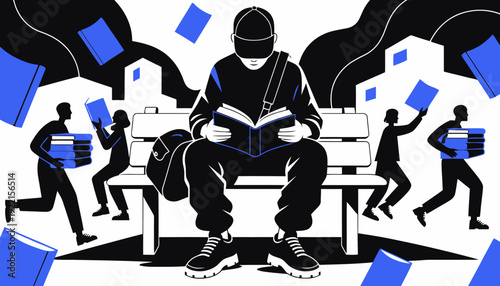 Focused student reading while others rush by with books