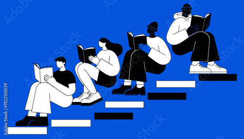 Diverse group of people reading books on stairs with blue background