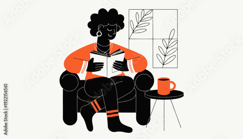 Relaxed woman reading book in cozy living room with coffee