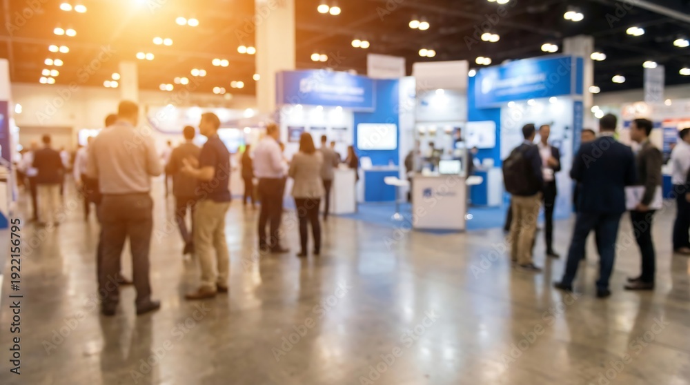 Fototapeta premium A busy, intentionally blurred large exhibition hall filled with numerous attendees walking between various company booths and displays during a bustling trade show or conference.