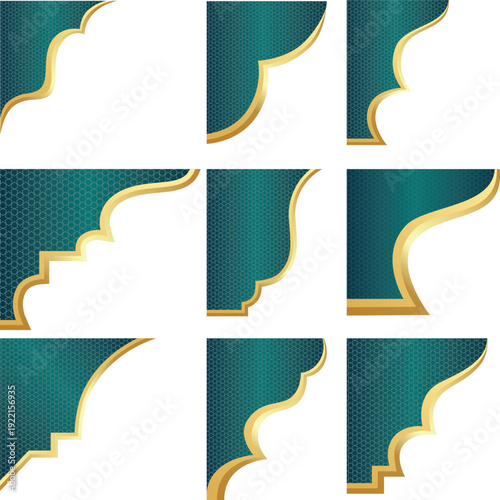 Set of Islamic Corner Frames with Gold Border and Geometric Pattern. Collection of elegant Islamic corner frame templates with gold accents and geometric patterns. Ideal for Ramadan, Eid, invitations,
