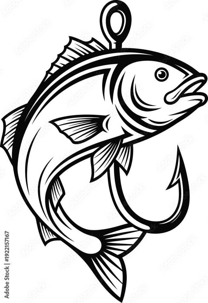 Obraz premium Black and white illustration of a fish on a fishing hook bait angling
