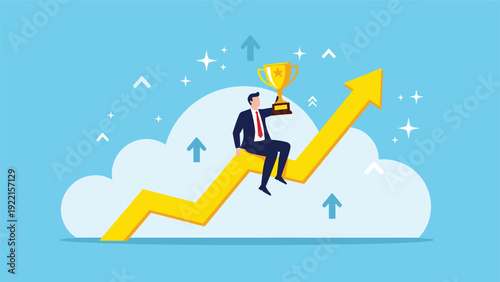 Successful businessman holding a trophy while sitting on a rising golden arrow, illustrating career growth and achievement.