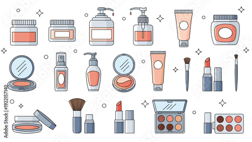 Comprehensive collection of cosmetic and makeup product icons including lipstick, eyeshadow, foundation, and brushes in a line art style.
