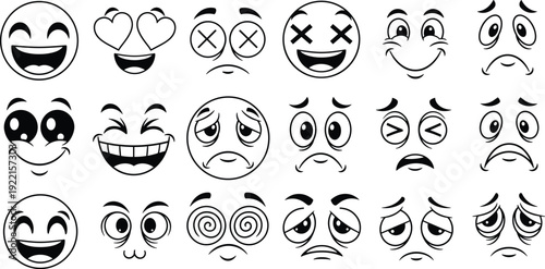 Black and White Emoji Face Expressions Set with Happy, Sad, Angry, Dizzy and Laughing Cartoon Emoticon Vector Collection