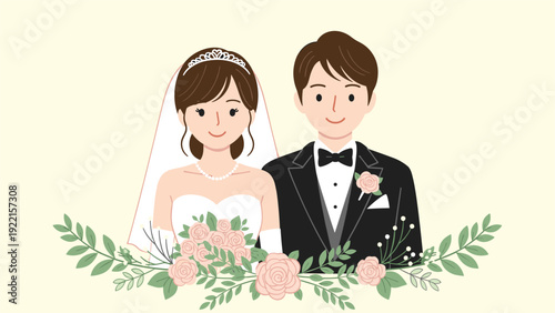 Charming illustration of a smiling bride and groom on their wedding day, framed by a beautiful arrangement of pink roses and foliage.