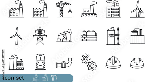 Print Comprehensive Heavy Industry Energy Production and Construction Infrastructure Icon Set Featuring Power Plants Wind Turbines Oil Rigs and Industrial Safety Gear