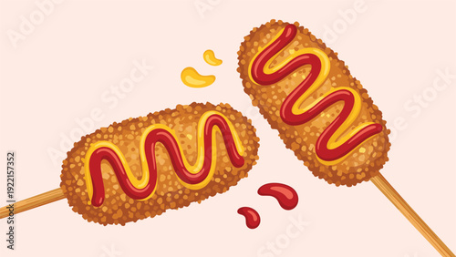 Delicious-looking illustration of two Korean-style corn dogs on sticks, generously drizzled with ketchup and mustard sauce.