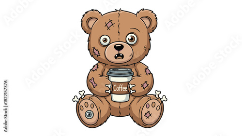 Creepy but cute zombie teddy bear character with stitches and an eyeball foot, holding a coffee cup, in a cartoon illustration.