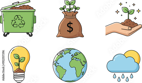 Sustainable Environment Icons Set with Recycling Bin, Eco Light Bulb, Earth Globe, Plant Growth and Green Energy Symbols Vector Illustration