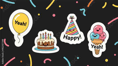 Set of cute and colorful birthday party stickers, including a cake, party hat, balloon, and ice cream cone with happy faces.