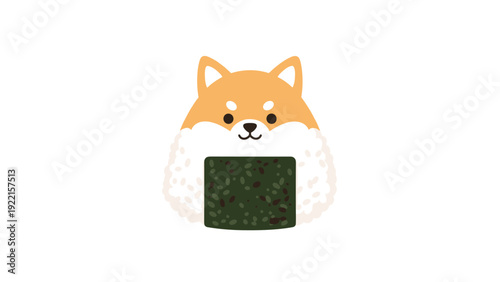 Adorable cartoon illustration of a Japanese onigiri rice ball shaped like a cute Shiba Inu dog with a nori seaweed wrap.