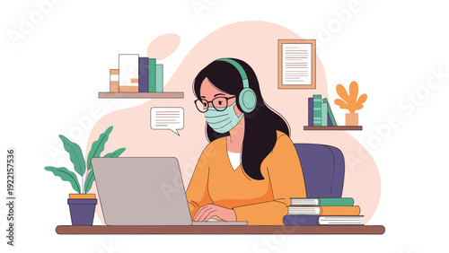 Illustration of a young woman wearing a face mask and headphones while working or studying from home on her laptop computer.