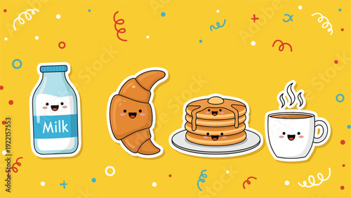 Cute kawaii breakfast food stickers, including a milk bottle, croissant, pancakes, and coffee cup, all with adorable smiling faces.
