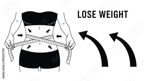 Black and white graphic illustrating weight loss, showing a woman measuring her waist and arrows indicating a slimming effect.