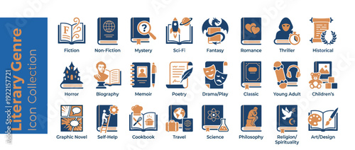 Vector icon set of 24 literary genre and book category items in flat design. Includes fiction, mystery, sci-fi, fantasy, romance, thriller, horror, biography, memoir, poetry, and graphic novel.