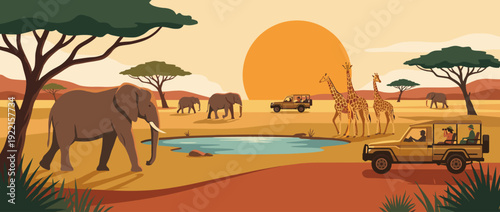 Flat vector illustration of a wildlife safari in the African savanna at sunset with elephants, giraffes, and tourists in off-road vehicles near a watering hole under a golden sun and acacia trees.