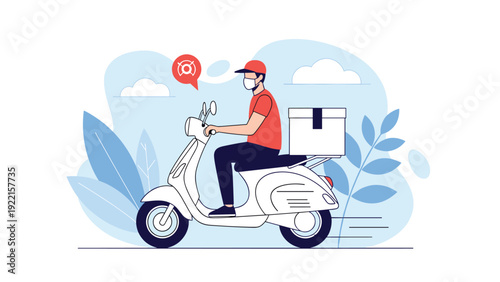Delivery man wearing a face mask rides a scooter with a package, illustrating safe and fast courier service during a pandemic.
