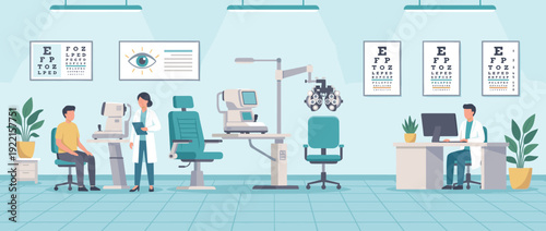 Modern Eye Clinic Interior with Professional Optometrists, Patient Examination Equipment, Snellen Eye Charts, and Medical Tools. Flat Vector Illustration for Ophthalmology and Vision Care.