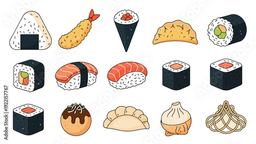 Colorful collection of various Japanese food items in a cute, hand-drawn doodle style, including sushi, onigiri, and tempura.