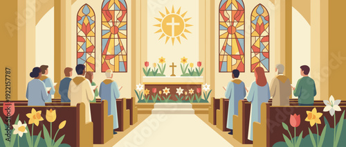 Flat vector illustration of a peaceful Easter Sunday church service featuring a diverse congregation, colorful stained glass windows, and an altar adorned with spring flowers and a golden cross.