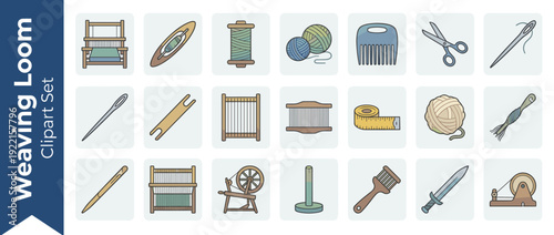 Comprehensive Vector Icon Set of 20 Weaving and Loom Craft Supplies in Flat Design. Features Loom, Shuttle, Yarn, Thread, Scissors, Needle, Spinning Wheel, and Measuring Tape for Textile Art Projects.