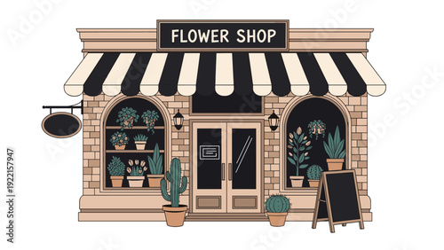 Charming vector illustration of a vintage flower shop facade with a black and white striped awning, potted plants, and a blank sign.