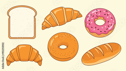 Delicious collection of various bakery items including croissants, a donut, bread, and a bagel, illustrated in a cute pixel art style.