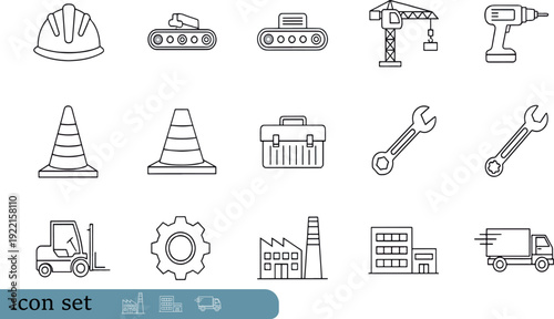 Print Essential Construction and Industrial Safety Icon Set Featuring Excavators Crane Systems Protective Gear and Workshop Tools
