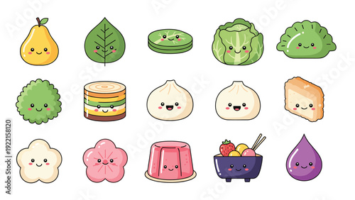 Large collection of super cute kawaii characters with smiling faces, including food, fruit, vegetables, and Japanese desserts and snacks.