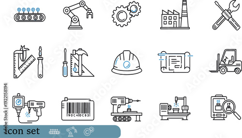 Print Technical Engineering and Precision Manufacturing Icon Set Featuring Industrial Tools Blueprint Designs Robotic Assembly and Quality Inspection Symbols